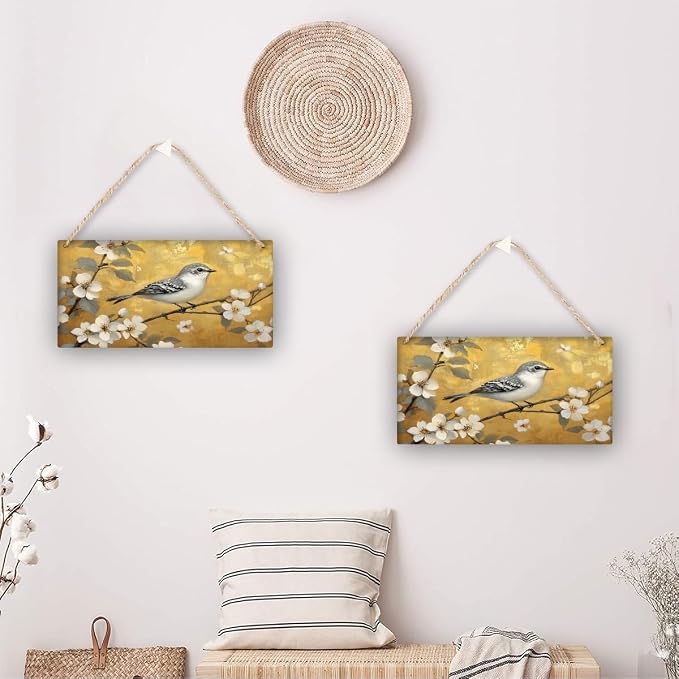 Artistic Retro Bird on Floral Branches Wooden Wall Art, Luxe Home Decors for Vintage Enthusiasts, 12x6 Inch Wood Sign to Add Glamour to Your Bedroom