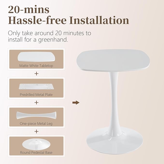 White Square Dining Table,24" Tulip Table with Metal Pedestal,15-Minute Quick Assembly,Mid Century Modern Circle Table for Kitchen Small Places Cafe (White)