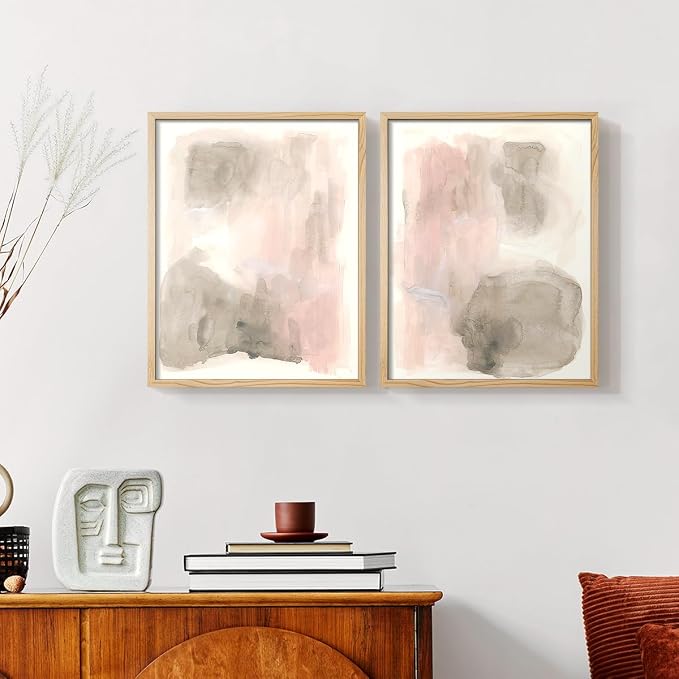 Renditions Gallery Set of 2 Peel & Stick Framed Prints, Watercolor Abstract Wall Art, Nude Color Neutral Aesthetic Wall Decor, Re-Stickable - Ready to Hang - 8"x10" - NATURAL WOOD Frame LT588
