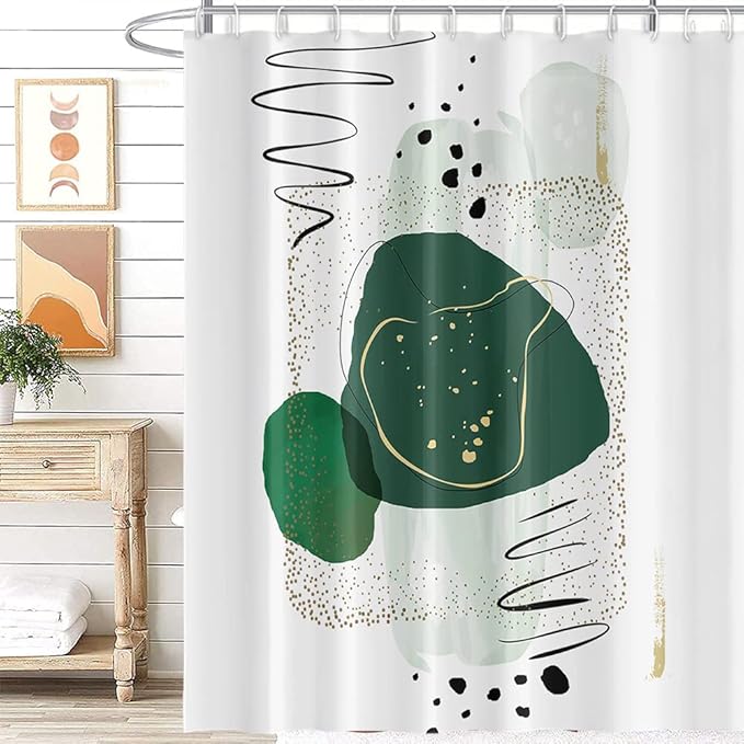 Abstract Mid Century Shower Curtain Watercolor Green Chic Pattern Design for Modern Minimalist Bathroom Decor Accessories Shower Curtain Set with 12 Hooks, 72x72 Inches