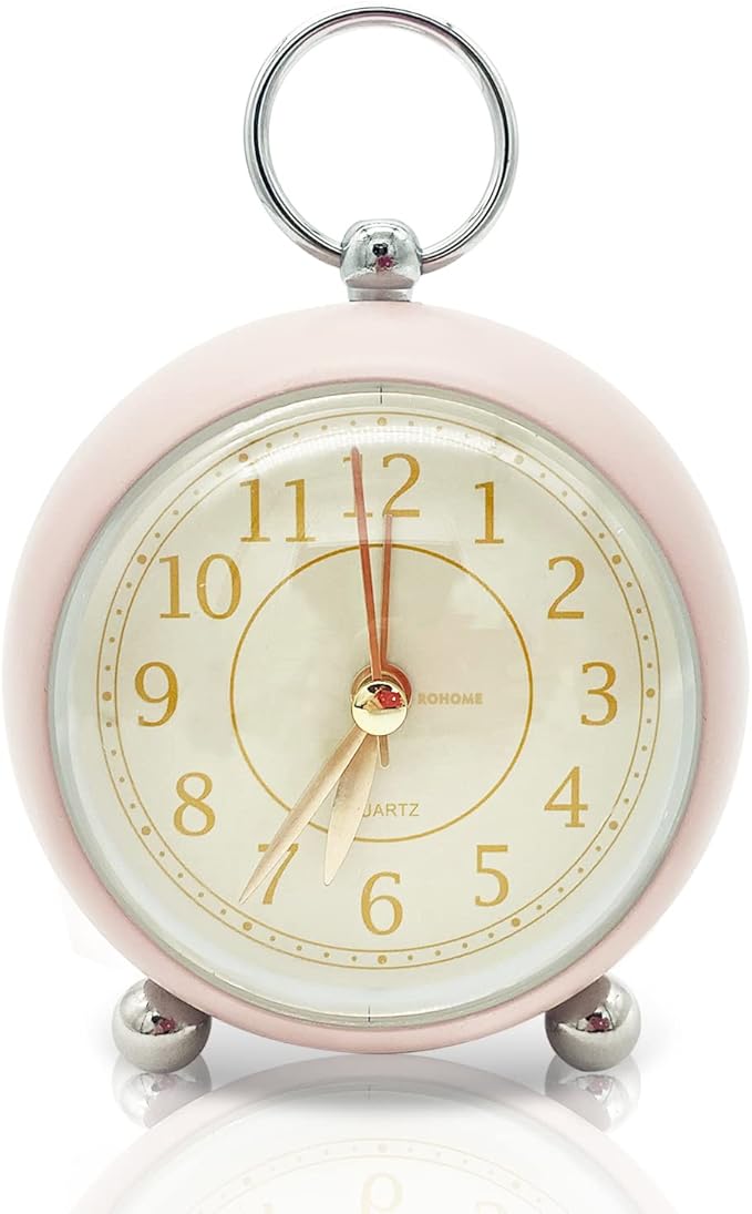 Rohome Vintage Small Alarm Clock with Night Light, Pink, Quartz Movement, Battery Operated, Non-Ticking, Decorative, for Bedside Table, Desk, Kitchen, Bedroom