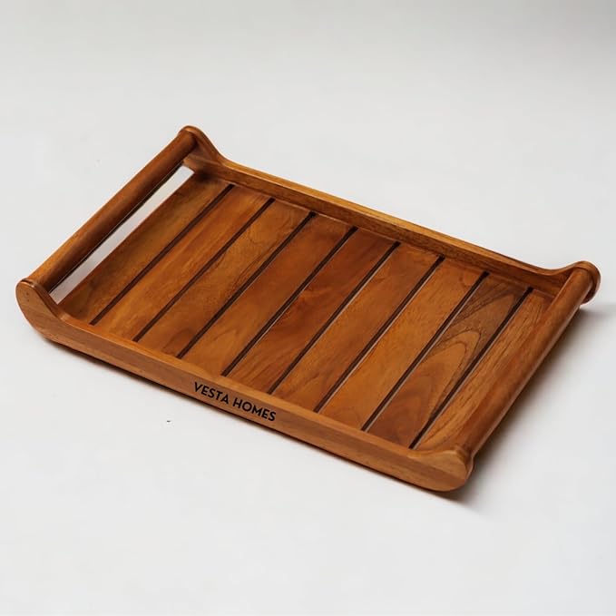 Vesta Homes Extra Large Teak Wood Rectangular Serving Tray for Home/Kitchen/Restaurant/Office Organizer/Dining Table|Premium Wooden Trays|45.5X30.5X5.7 Cm|Handmade in India