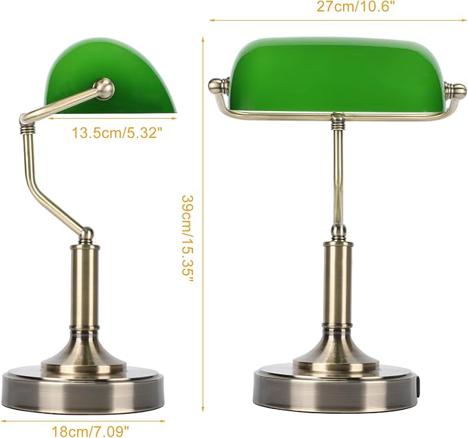 LINNMON Bankers Lamp, Green Desk Lamp with Touch Control Switch, Retro Lamp with USB and Type C Charging Ports, Vintage Lamp for Home Office, Piano, Library, LED Bulb Included (Vintage)