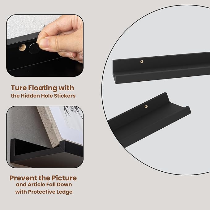 Heimlove Picture Ledge Shelf,48 inch Long Floating Shelves for Wall Set of 2,Black Picture Shelf with Lip for Wall Decor,Living Room,Bedroom,Bookshelf,Nursery,Perfume