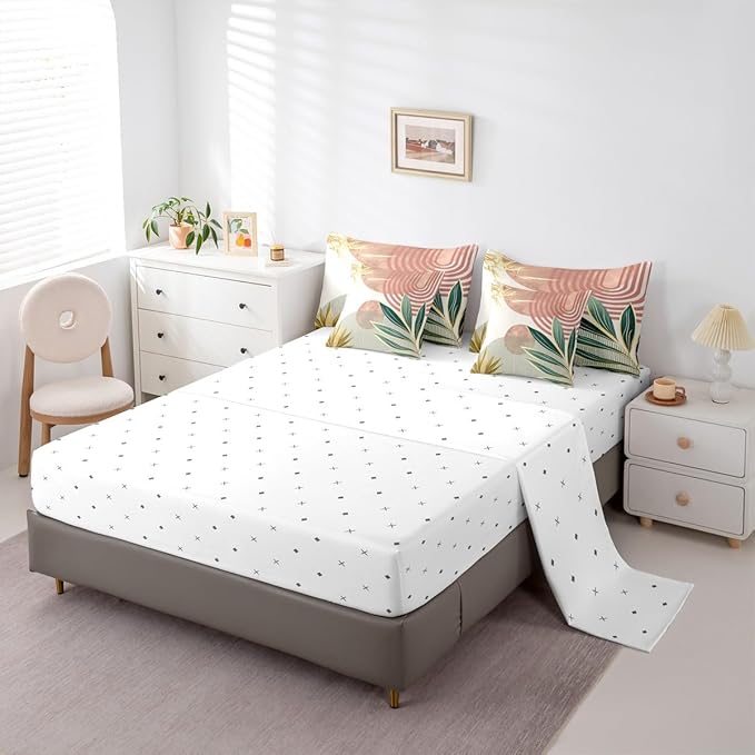 Erosebridal 7 Pcs Mid Century Boho Comforter Set Twin Abstract Retro Minimalist Bedding Sets for Women,Modern Bohemian Aesthetic Bed in a Bag Simple Quilt with Flat Fitted Sheet,Pink Green