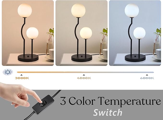 Black Mid Century Globe Table Lamp Industrial Retro 2 Lights Orb Desk Lamp with White Glass Globe Bedside Reading Light for Bedroom Living Room Study Room