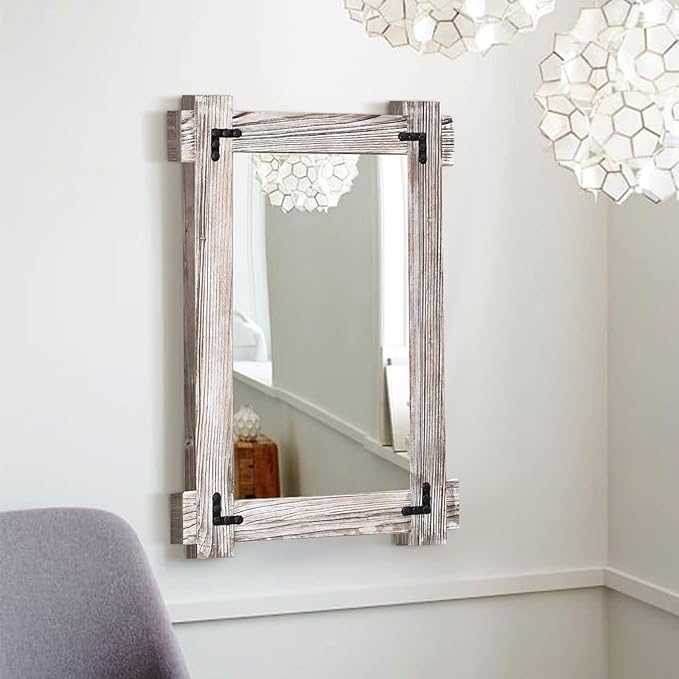 MeMoreCool Rustic Wood Framed Bathroom Mirror, Decorative Farmhouse Vanity Mirror, Wall Mounted Rectangular Mirror for Bedroom, Living Room, or Bathroom, Small 20x30 Inch, White