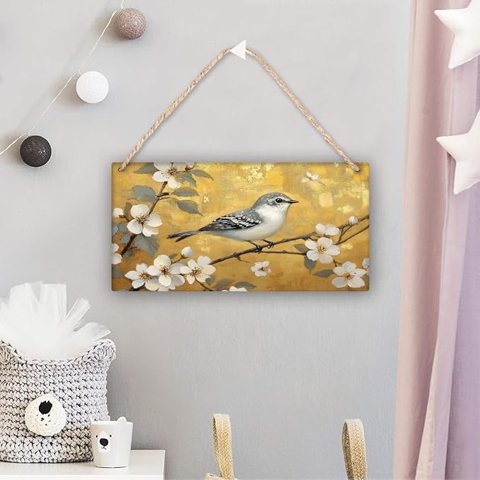 Artistic Retro Bird on Floral Branches Wooden Wall Art, Luxe Home Decors for Vintage Enthusiasts, 12x6 Inch Wood Sign to Add Glamour to Your Bedroom