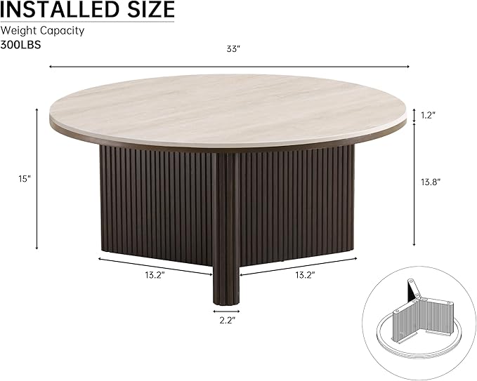 Morden Fort Round Coffee Table for Living Room, Faux Marble Coffee Table Sintered Stone Top & Solid Fluted Wood Base Modern Coffee Circle Table for Apartment Living Room Porch - 33'' Beige Top