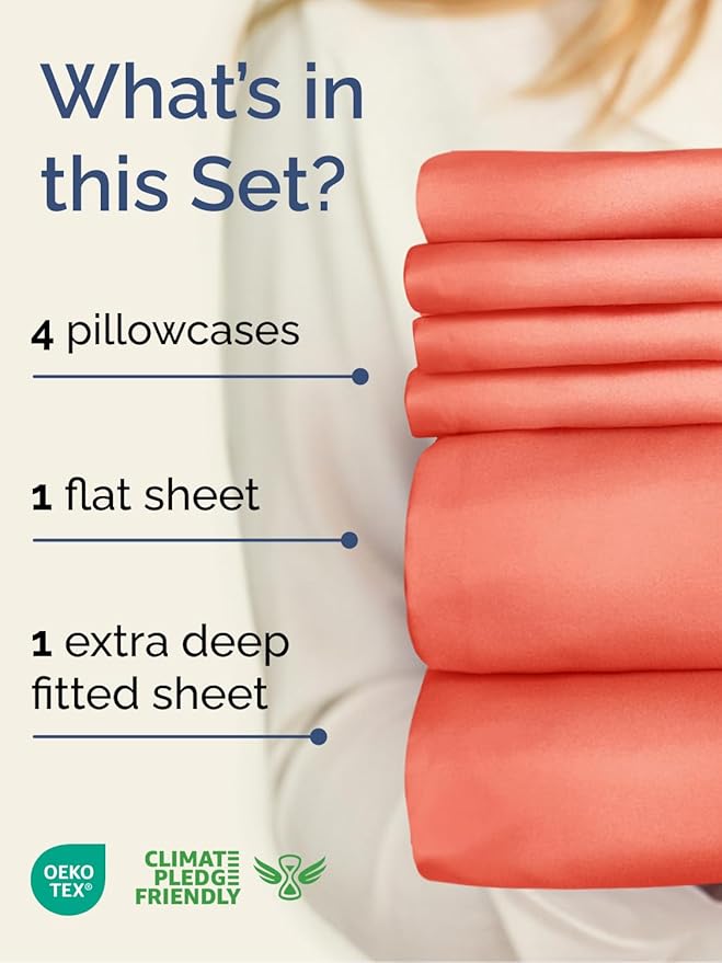 Extra Deep Full Sheet Set - 6 Piece Breathable and Cooling Sheets - Hotel Luxury Bedding for Women, Men, Kids & Teens - Easy & Secure Fit - Soft, Wrinkle Free and Comfy - Extra Deep Pockets - Coral