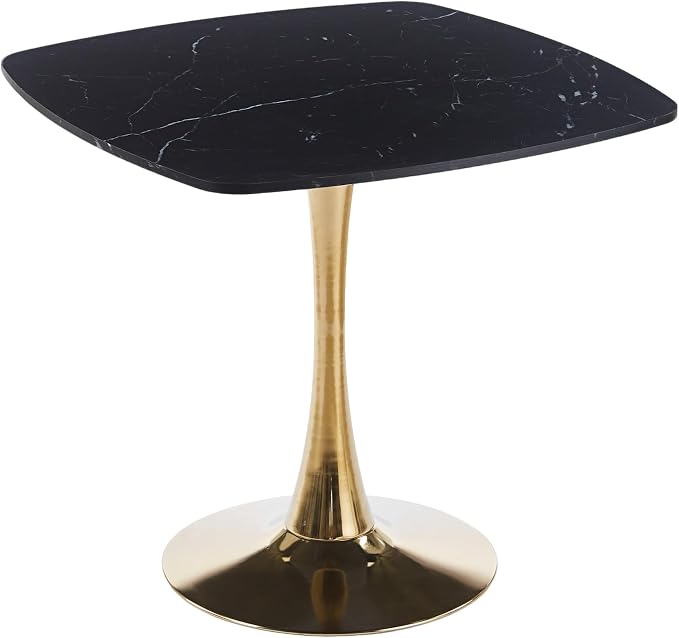 31.5 Inch Square Dining Table for 2 to 4 Person Mid Century Modern Tulip Table with Metal Pedestal Base Thick MDF Top for Apartment Kitchen Bistro Office, Black and Golden