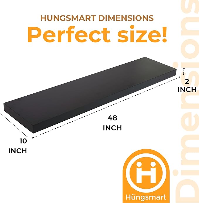 HÜNGSMART 48 Inch Wooden Floating Shelf – Supports 300lbs – 10 inch Deep - Carpenter Designed - Engineered Wood 4 foot Long - Black Stained Walnut Finish – Includes Laser Welded Precision Wall Bracket