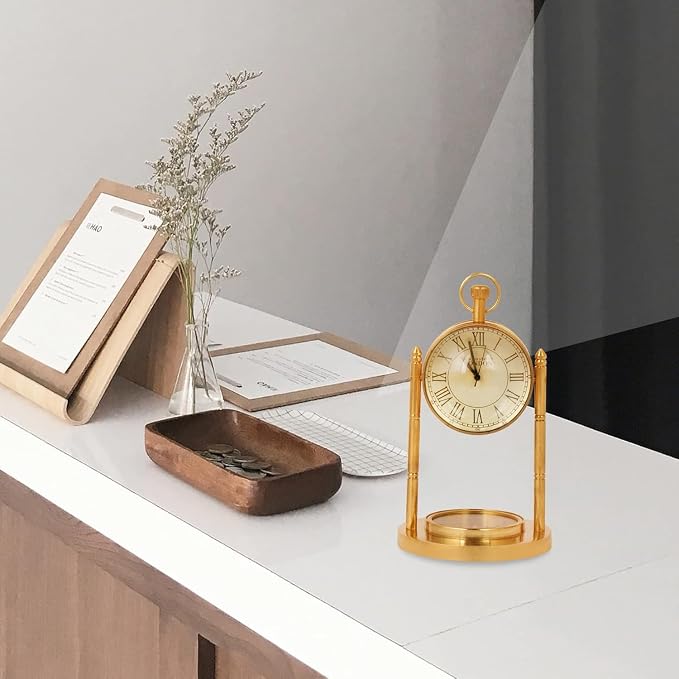Solid Brass Desk Clock Vintage Tabletop Timepiece Antique Maritime Style Office Clock Polished Brass Finish Elegant Nautical Decor for Home, Study, or Workspace Premium (12x5.5 Inch)