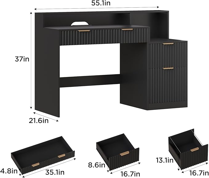 Vabches Fluted Computer Desk with Power Outlets, Home Office Desk with Drawers, Printer Stand, Wood Computer Desk with Long Monitor Stand, Black
