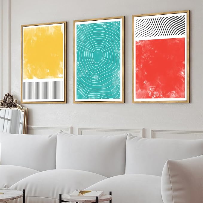 PHOPAGO 24x36in Large Minimalist Abstract Framed Wall Art Modern Colorful Line Wall Decor Geometric Artwork Bedroom Living Room Natural Framed
