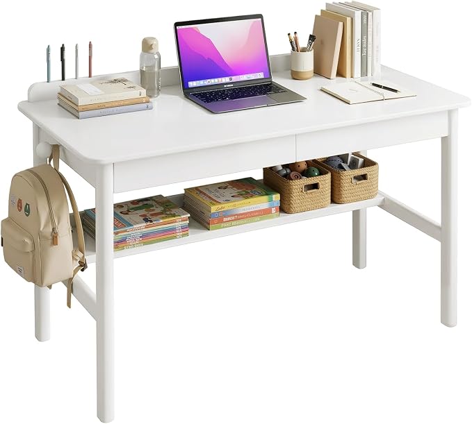 Solid Wood Study Desk & Home Office Writing Table with Drawers, 40" Vintage Mid Century Modern Computer Desk, Home Office Workstation for Bedroom, Small Spaces, Apartment(White,39.4 Inch Wide)