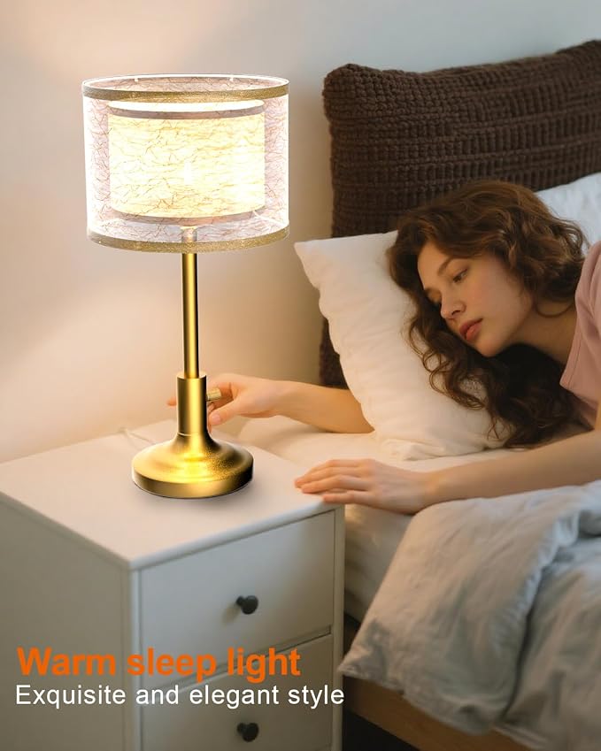 Lightdot Mid Century Table Lamp for Bedroom, Vintage Gold Dimmable Table Lamp with 2-Layer Lampshade, Farmhouse Bedside Lamp Nightstand Light for Living Room(Bulbs Included)