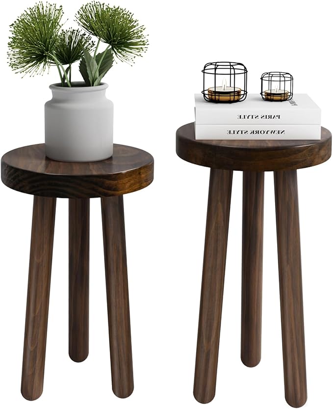 Wood Plant Stand Set of 2 (18+16" Tall) - Dark Walnut Round Solid Wood Plant Stand, Side Table, or Bathroom Stool - Heavy Duty Stool for Small Spaces