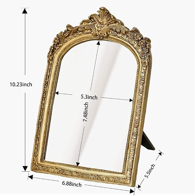 TenFuju 11” x 9.5” Small Gold Vintage Wall Mirror, Antique Gold Resin Baroque, Decorative Hanging & Tabletop