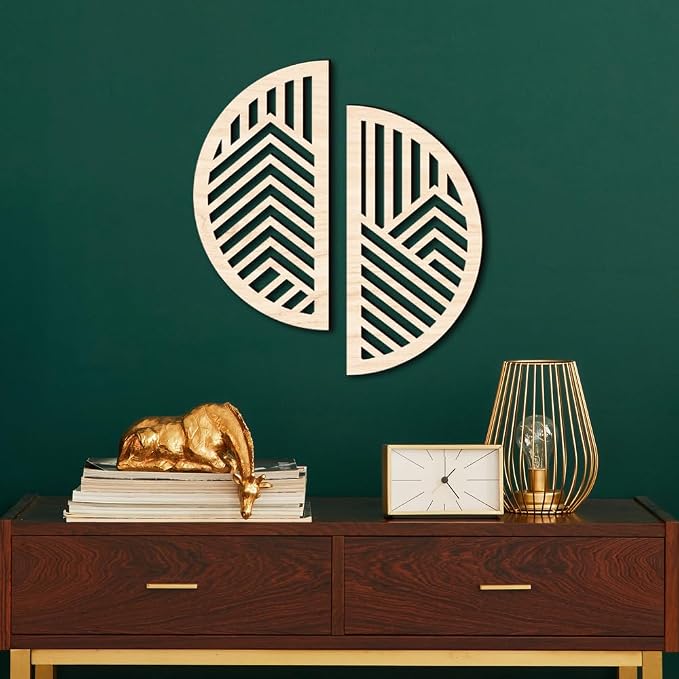 Hollow Round Wood Art Wall Decor, Modern Vintage Wooden Round Wall Sculptures, Half Round Wall Decor Hanging Abstract Panel 3D Geometric Wood Wall Art Decor for Home Office Living Room Bedroom (Beige)