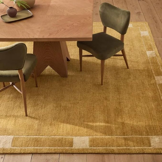 Hand Tufted Wool Area Rug, Warm Mustard Gold Solid Center with Minimal Border Design, Rectangular Modern Contemporary Carpet for Living Room, Bedroom, Dining Room