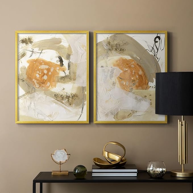 Renditions Gallery Set of 2 Peel & Stick Framed Prints, Neutral Abstract Wall Art, Earthy Tones Blended Brushstrokes Wall Decor, Re-Stickable - Ready to Hang - 22"x28" - GOLD Frame LT588
