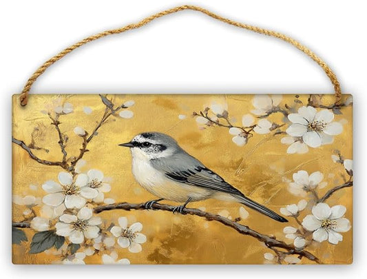 Opulent Retro Bird & Floral Wooden Wall Art, Luxe Home Decors for Vintage Admirers, 12x6 Inch Wood Sign for a Bold Bedroom Statement