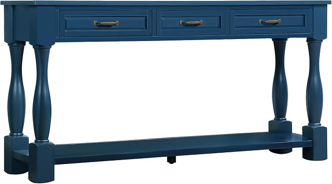 Merax Console Table with 4 Drawers, Retro Entryway Table with Open Storage Shelf for Entryway, Wood Side Table with Thick Legs for Living Room Bedroom, Navy Blue