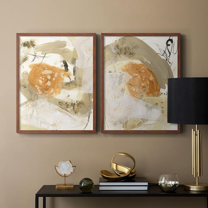 Renditions Gallery Set of 2 Peel & Stick Framed Prints, Neutral Abstract Wall Art, Earthy Tones Blended Brushstrokes Wall Decor, Re-Stickable - Ready to Hang - 16"x20" - Walnut Frame LT588