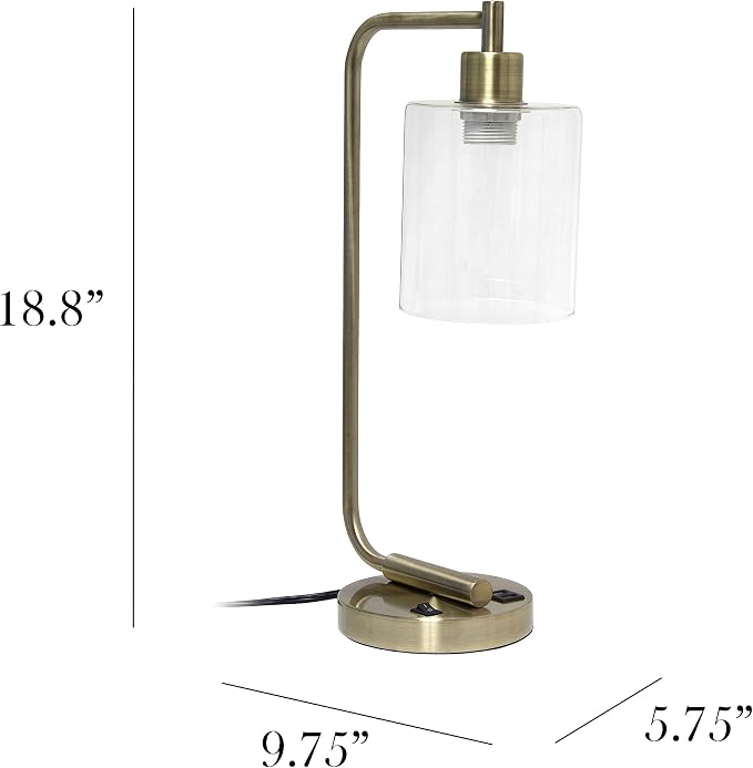 Simple Designs LD1066-ABS-LB Industrial Vintage Bronson Iron Lantern Desk Table Lamp with USB Port and Glass Cylinder Shade for Office, Living Room, Bedroom, Antique Brass, With Feit LED Bulb Included