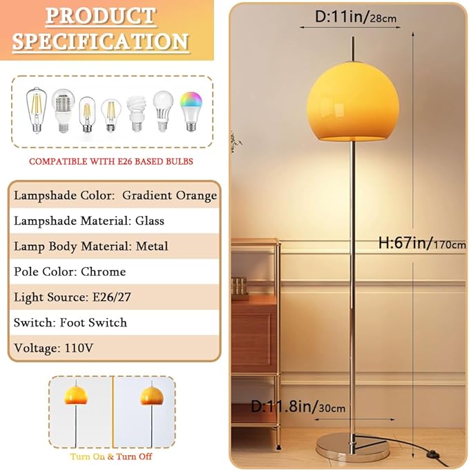 Orange Mushroom Floor Lamp, 66.9" H Retro Floor Lamp with Gradient Orange Dome Glass Shade, Mid Century Modern Tall Standing Lamp with Chromium Color Pole for Bedroom Office Living Room Decor
