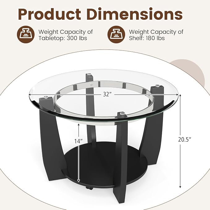 GOFLAME Glass Coffee Table with Storage, 32” Rolling Round Center Table with Tempered Glass Top, Solid Rubber Wood Legs, Wheels, Mid-Century Modern, 2-Tier Circle Tea Tables for Living Room (Black)