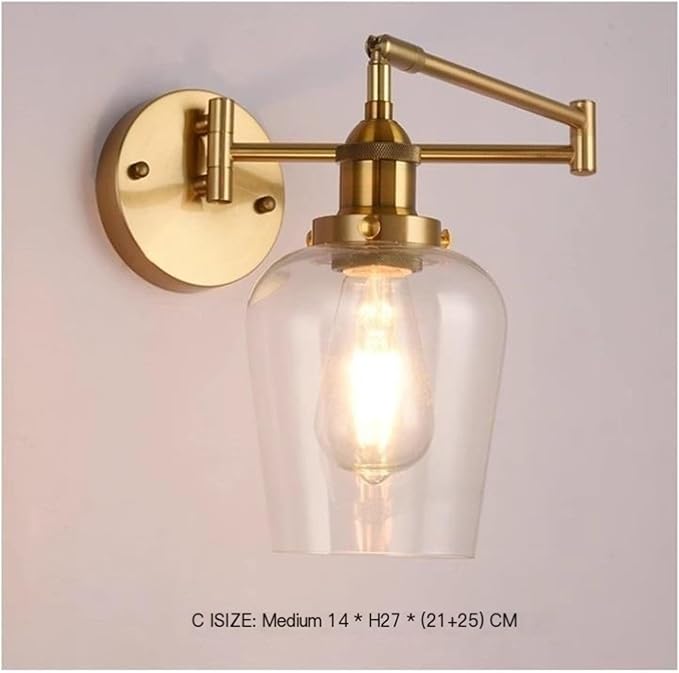 Folding Wall Lamp Retro Rocker Arm Wall Lamp Bedroom Bedside Lamp Iron + Glass Art Living Room Study Reading Wall Sconce Swing Arm Adjustable Vintage Wall Mount Light Sconce (Color : C)