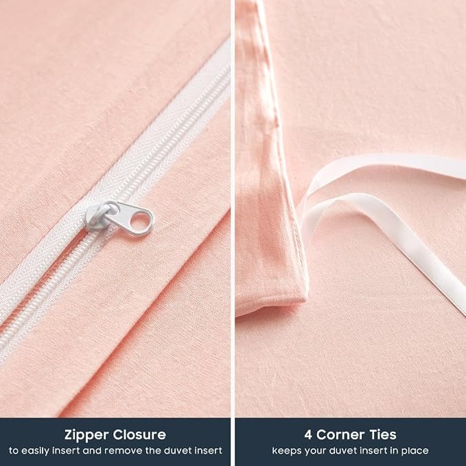 Wake In Cloud - Cotton Duvet Cover Set, 100% Washed Cotton, Linen Like Textured, Breathable Durable Comfy Farmhouse Neutral Bedding Set, 3 Pieces, Pink, Twin/Twin XL Size
