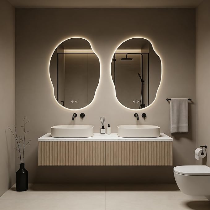 LED Bathroom Mirror with Lights, Asymmetrical Irregular Backlit Vanity Mirror, 35" H x 25" W, Anti-Fog, Dimmable 3 Color Temperature, Memory Function, Hardwired Wall Mounted, Horizontal or Vertical