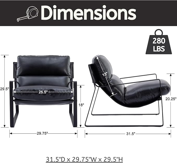 LukeAlon Modern PU Leather Accent Armchairs Set of 2, Upholstered Living Room Chairs with Metal Base Removable Thickened Cushion Sofa Chairs Comfy Lounge Chair for Bedroom Living Room Office, Black
