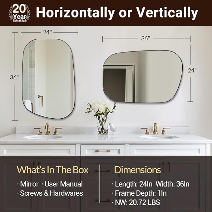 ANDY STAR Chrome Irregular Mirror, 24"x36" Silver Asymmetrical Wall Mirror in Stainless Steel Metal Frame, Unique Vanity Mirror with Modern Curved Design, Ideal for Bathroom, Bedroom, Entryway