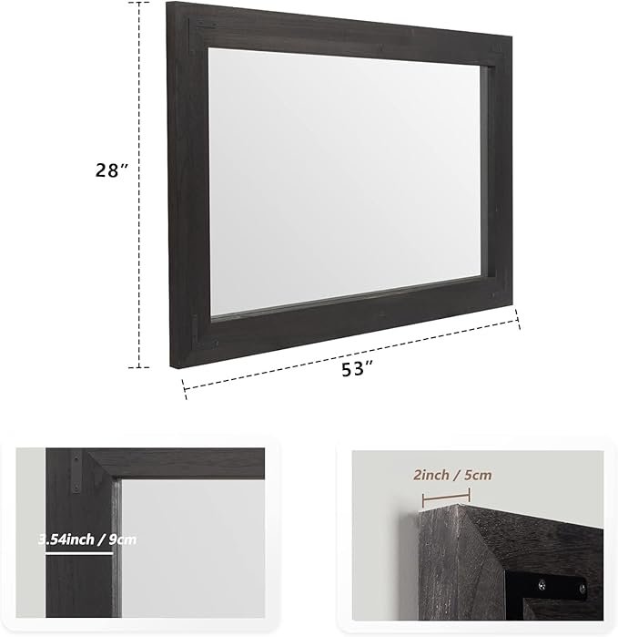 YOSHOOT Rustic Wooden Framed Wall Mirror, Natural Wood Bathroom Vanity Mirror for Farmhouse Decor, Vertical or Horizontal Hanging, 53" x 28", Black