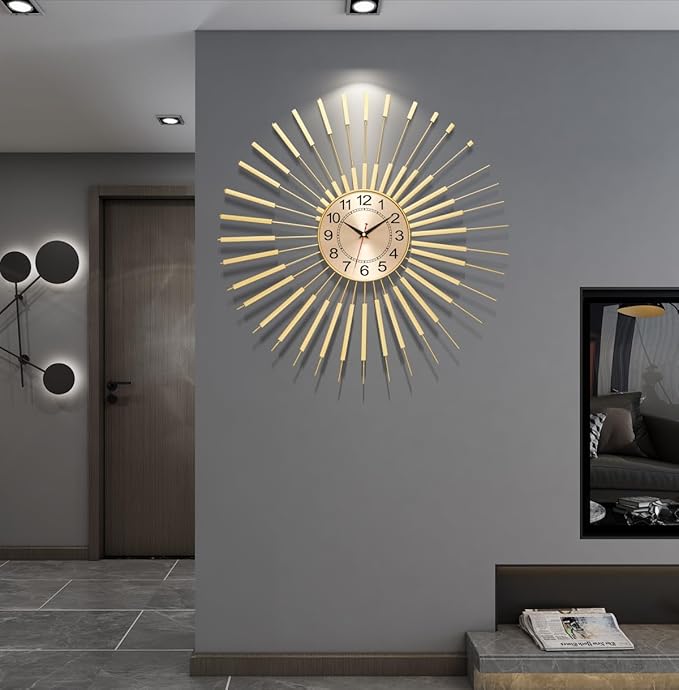 Gold Wall Clock Decor Silent 24" Battery Operated, Mid Century Modern Decorative Clock Metal Hanging for Living Room Bedroom Office