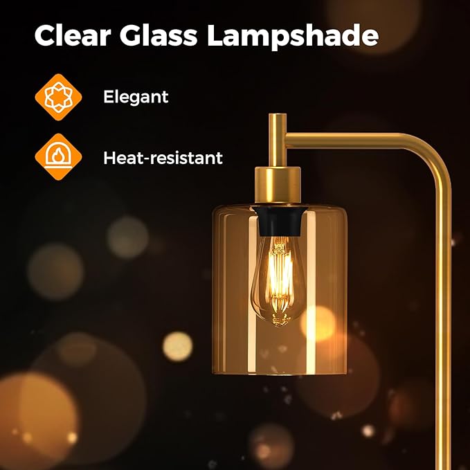 Tangkula Industrial Floor Lamp, Modern Standing Lamp with Hanging Glass Lampshade & Foot Switch, Tall Pole Light with E26 Standard Base for Living Room, Bedroom & Office (Gold, 1-Light)