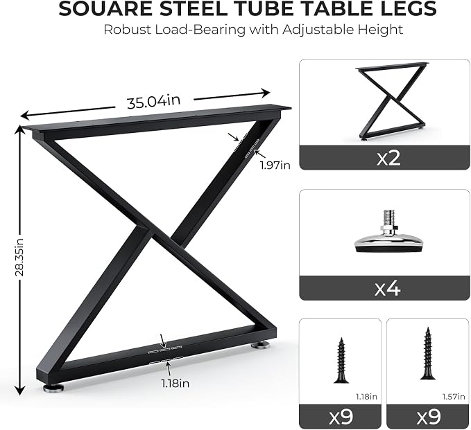 Table Legs 28”H x 35”W Heavy Duty Metal Furniture Legs Z Shape for Dining Table Kitchen Table Office Desk Table Base Replacement with Adjustable Feet Pads Screws 1000 LBS Load Black Set of 2