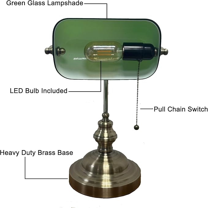 Bankers Lamp Green, Vintage Library Lamp with Pull Chain, Traditional Green Glass Desk Lamp for Home Office, Study Room, Library, LED Bulb Included
