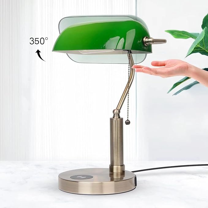 FIRVRE Glass Bankers Desk Lamp with USB Wireless Charging Port, LED Desk Lamp with Classic Retro Pull Chain Switch, Green Glass Lampshade with Brass Finish for Home Office Bedside Study Library