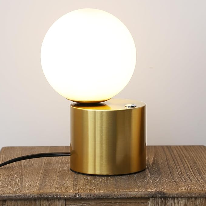 Gold Globe Dimmable Table Lamp, Nightstand Lamps Mid Century Modern Desk Lamp with Milk White Glass Shade for Dorm,Bedroom(Low)