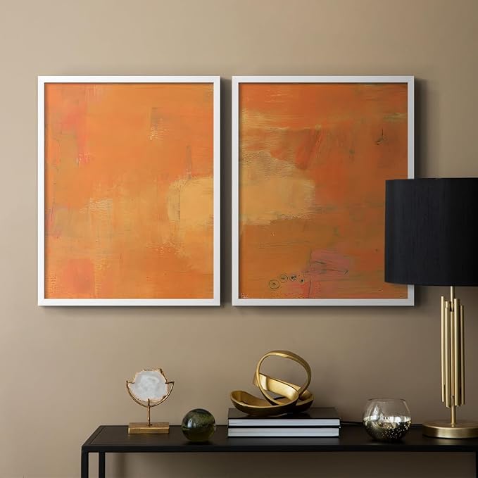 Renditions Gallery Set of 2 Peel & Stick Framed Prints, Abstract Wall Art, Rustic Fain Marking with Brush Strokes Wall Decor, Re-Stickable - Ready to Hang - 22"x28" - White Frame LT588