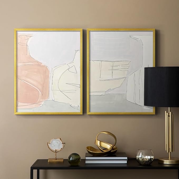 Renditions Gallery Set of 2 Peel & Stick Framed Prints, Neutral Abstract Wall Art, Soft Tones Delicate Linework Wall Decor, Re-Stickable - Ready to Hang - 11"x14" - GOLD Frame LT588