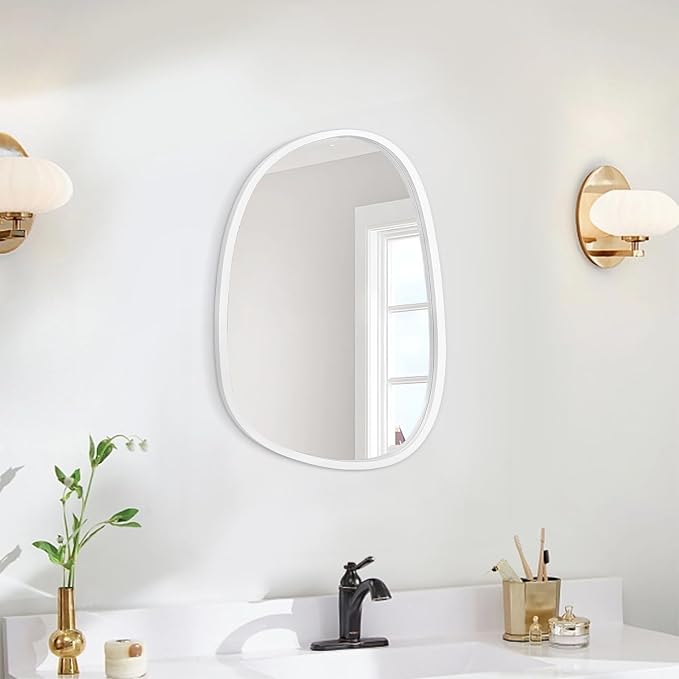 Wood Frame Hanging Wall Mirror Asymmetrical Irregular Oval Mirrors for Wall Unique Shape Decorative Artistic Mirror for Entryway Bedroom Living Room Bathroom White