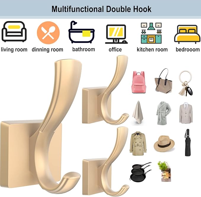 TOFIIGREM Gold Towel Hooks for Wall, Heavy Duty Thick Metal Bathroom Coat Hooks for Hanging Key Robe Hat Backpack, Wall Mount Hooks Bath Kitchen Garage Hooks(8 Pack, Gold)