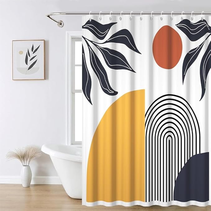 Bohemian Shower Curtain for Bathroom Modern Abstract Minimalist Bathroom Decor Mid Century Arch Sun Leaf Aesthetic Bathtub Curtains Machine Washable Waterproof Polyester Fabric with Hooks 72x72 Inch