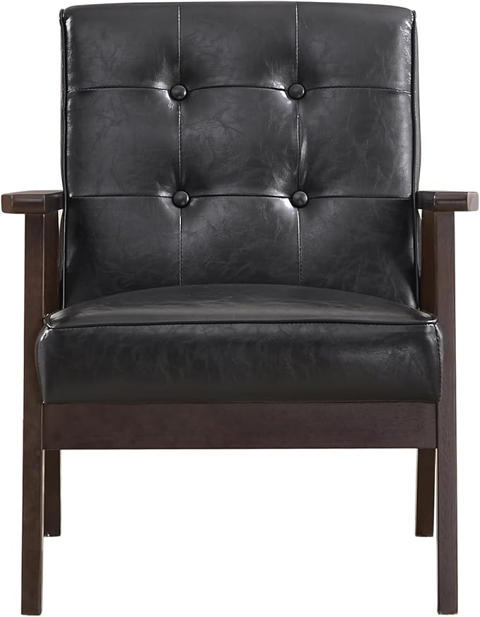 Bonzy Home Mid Century Modern Accent Chairs Set of 2 for Living Room, Upholstered Faux Leather Armchair Comfy Retro Bedroom Side Chair with Solid Wood Frame, Black